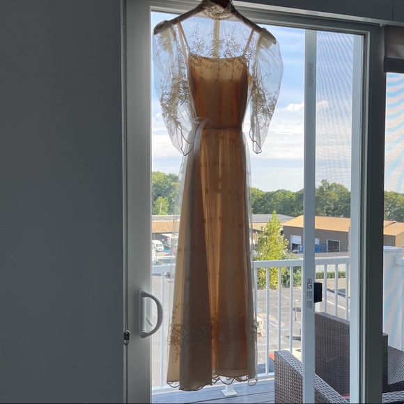 Vintage Ivory Lace & Satin Dress Puff Sleeve Midi - Picture 3 of 8